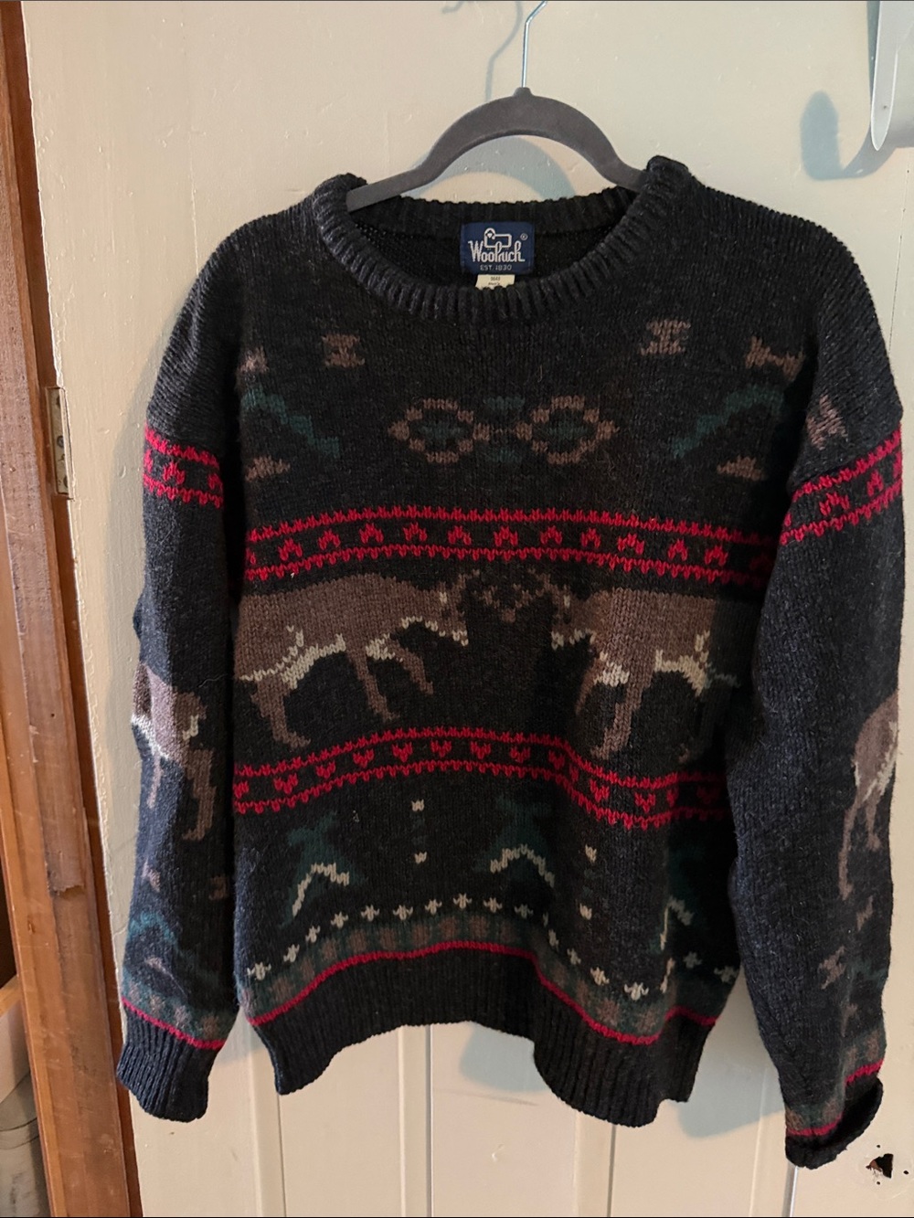 Woolrich Men's Dark Gray Crewneck Deer/Bucks Pattern Sweater with Red Accents